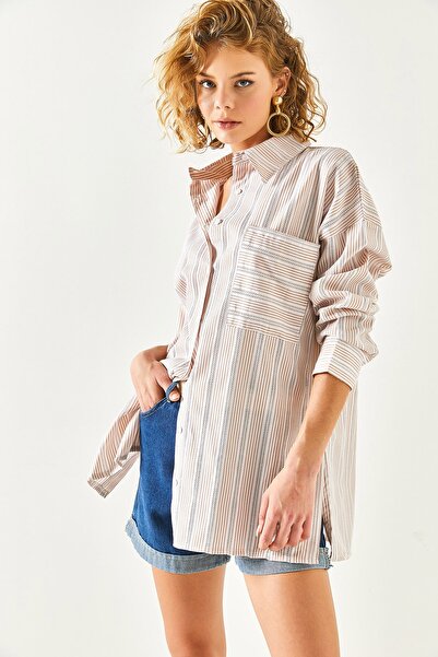 Olalook Women's Camel Pocketed Striped Oversize Poplin Shirt GML-19001142