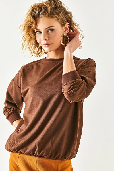 Olalook Kadın Düz Acı Kahve Basic Yumuşak Dokulu Salaş Sweatshirt SWT-19000457