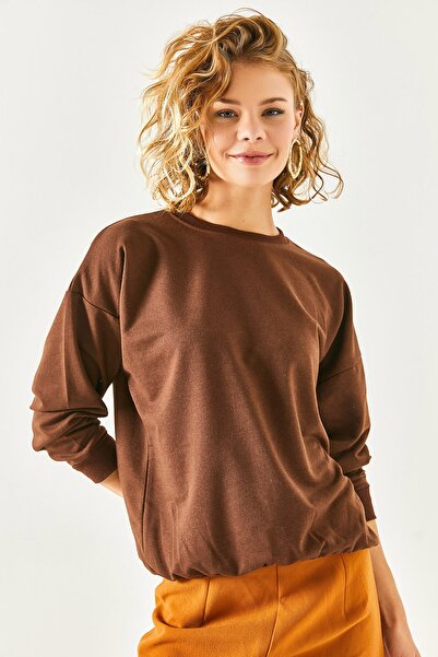 Olalook Kadın Düz Acı Kahve Basic Yumuşak Dokulu Salaş Sweatshirt SWT-19000457