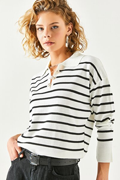 Olalook Γυναικεία μπλούζα πλεκτό με κουμπιά με κουμπιά μαύρο μαύρο γιακά πόλο BLZ-19002369