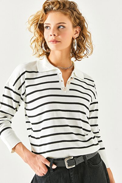 Olalook Γυναικεία μπλούζα πλεκτό με κουμπιά με κουμπιά μαύρο μαύρο γιακά πόλο BLZ-19002369