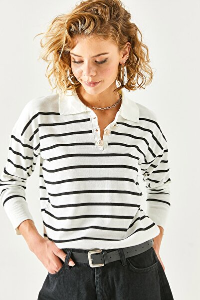 Olalook Dámská bílá černá polo límec proužkovaná pletená halenka s knoflíky BLZ-19002369