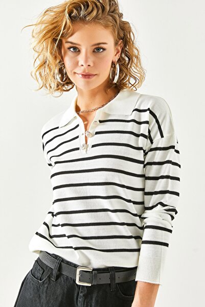 Olalook Dámská bílá černá polo límec proužkovaná pletená halenka s knoflíky BLZ-19002369
