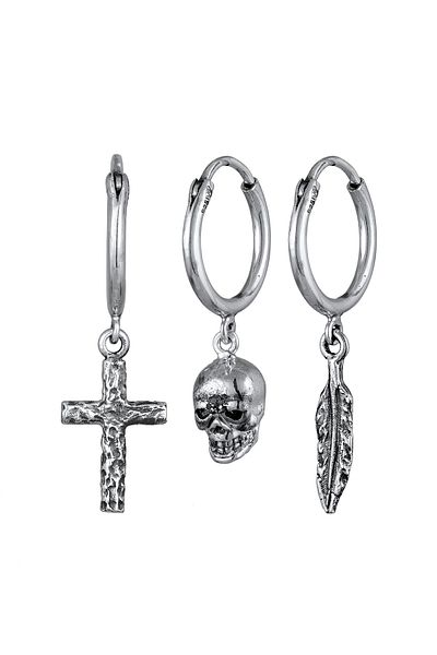 KUZZOI Ohrringe Creolen Set Kreuz Totenkopf Feder 925 Silber