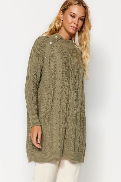 Trendyol Modest Χακί αξεσουάρ Λεπτομερές πλεκτό πουλόβερ με πλεκτά μαλλιά TCTAW24AK00165
