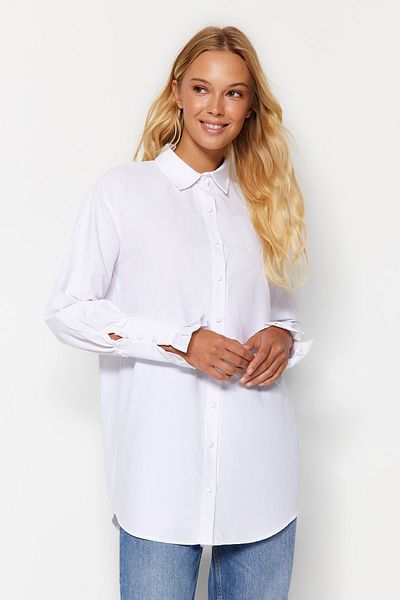 Trendyol Modest Λευκό βολάν με λεπτομερές βαμβακερό πουκάμισο TCTAW24TG00016