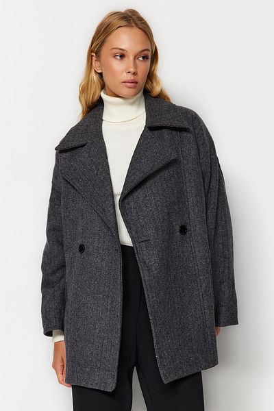 Trendyol Collection Oversize antracitový kabát s razítkem - široký střih Twoaw24Kb00165