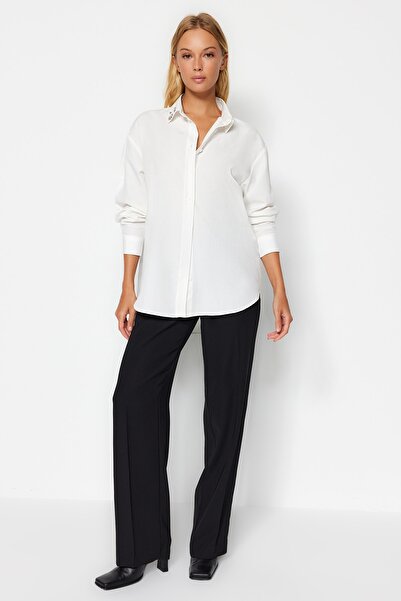 Trendyol Collection Ecru Oversize szőtt ing kő gallérral TWOAW24GO00168