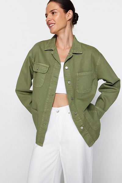 Trendyol Collection Khaki Oversize Denim Shirt Jacket with Pocket Detail TWOAW22CE0272