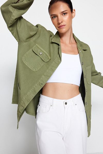 Trendyol Collection Khaki Oversize Denim Shirt Jacket with Pocket Detail TWOAW22CE0272