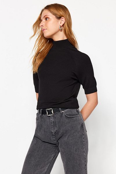 Trendyol Collection Μαύρο Mercerized Look Premium νήμα/ειδικό νήμα Μαλακό υφή Basic πλεκτά μπλούζα TWOAW24BZ00005