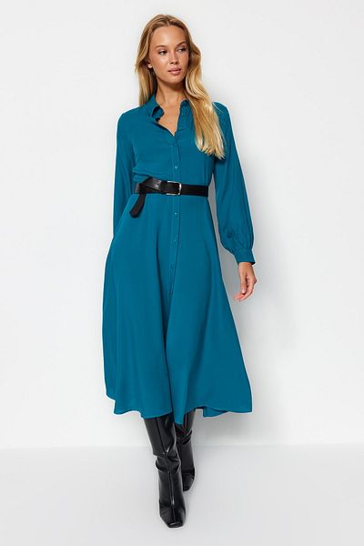 Trendyol Collection Benzínové páskové midi tkané košilové šaty TWOAW21EL1428