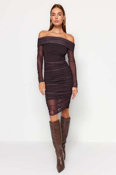 Trendyol Collection Brown Carmen Collar Fitted Tulle Lined Midi Gathered Knitted Dress TWOAW24EL00146