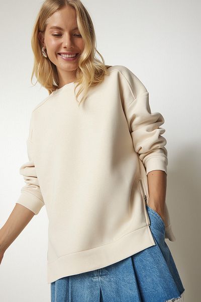 Happiness İstanbul Cremefarbenes Strick-Sweatshirt mit Reißverschluss und Reliefmuster für Damen UB00148
