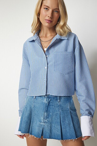 Happiness İstanbul Dámská obloha modrá proužkovaná plodinová košile UB00147