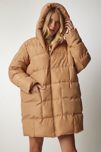 Happiness İstanbul Dámský sušenkový kabát oversize Puffer Coat s kapucí NT00429