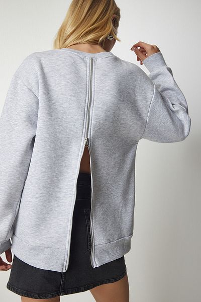 Happiness İstanbul Graues Strick-Sweatshirt mit Reißverschluss auf der Rückseite für Damen UB00146