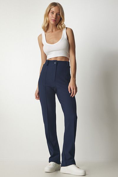 Happiness İstanbul Women's Navy Blue High Waist Comfortable Knitted Pants rv00132