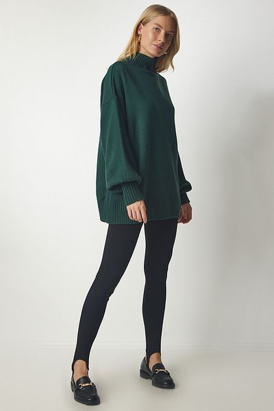 Happiness İstanbul Dunkelgrüner Oversize-Strickpullover mit Stehkragen für Damen, Basic, YY00167