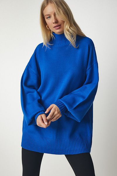 Happiness İstanbul Blauer Oversize-Strickpullover mit Stehkragen für Damen, Basic, YY00167