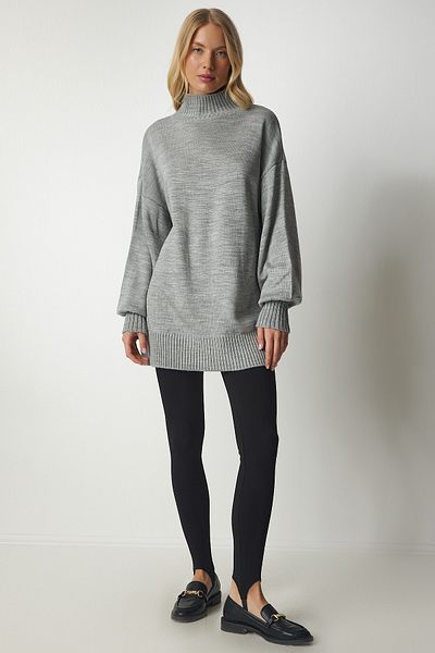 Happiness İstanbul Grauer Oversize-Strickpullover mit Stehkragen für Damen, Basic, YY00167