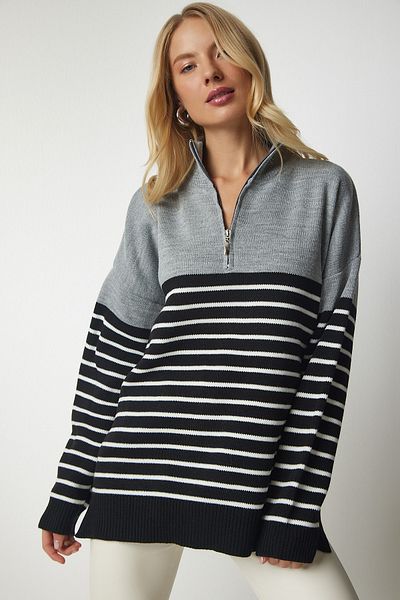 Happiness İstanbul Grau-schwarz gestreifter Strickpullover mit Reißverschluss und Stehkragen für Damen YY00166