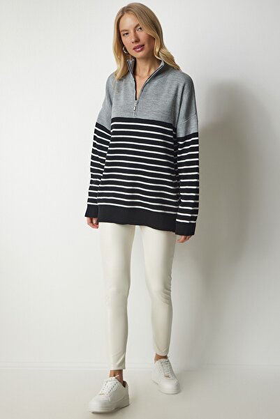 Happiness İstanbul Dámský šedočerný proužkovaný svetr s stojáčkem na zip YY00166