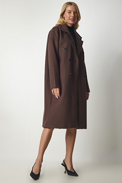Happiness İstanbul Dámský hnědý kabát s dvojitým límcem Oversize Stamp mx00138