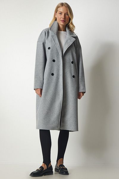 Happiness İstanbul Grauer Oversize-Mantel mit zweireihigem Kragen und Stempelmuster für Damen mx00138