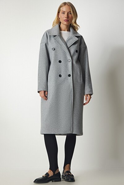 Happiness İstanbul Dámský šedý kabát s dvojitým límcem Oversize Stamp mx00138