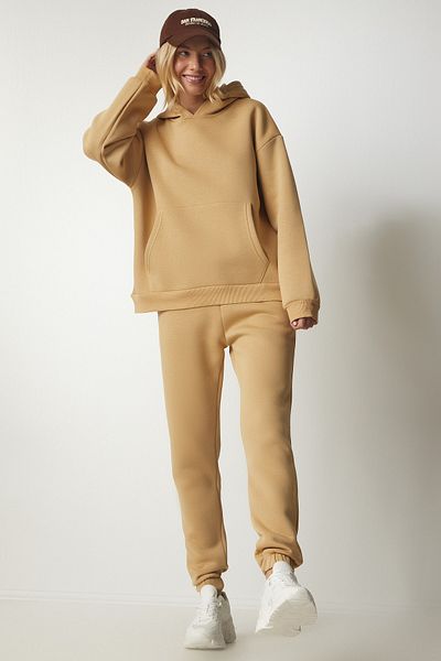 Happiness İstanbul Women's Camel Hooded Hooded Tracksuit Set DD00762