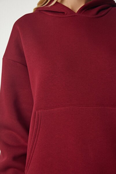 Happiness İstanbul Burgunderrotes geripptes Trainingsanzug-Set mit Kapuze für Damen DD00762