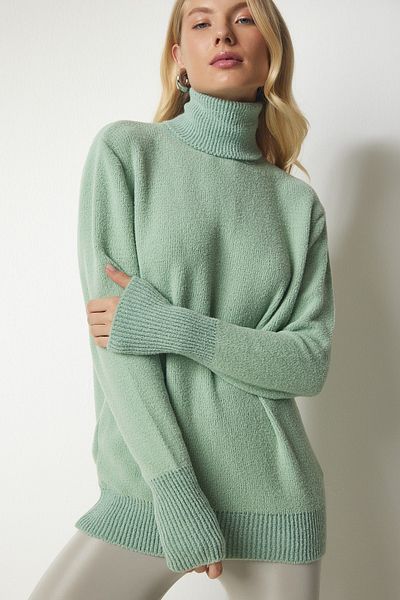 Happiness İstanbul Grüner Rollkragenpullover für Damen mit weicher Struktur, Strickpullover mx00140