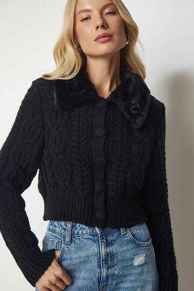 Happiness İstanbul Women's Black Fur Collar Motif Knitwear Cardigan PF00003