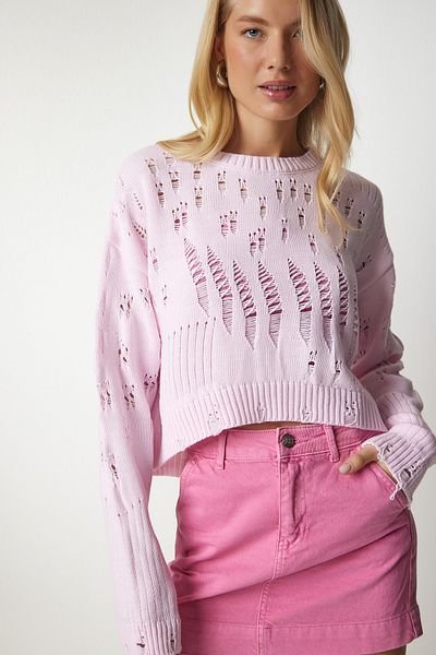 Happiness İstanbul Women's Light Pink Ripped Detailed Knitwear Sweater PF00005