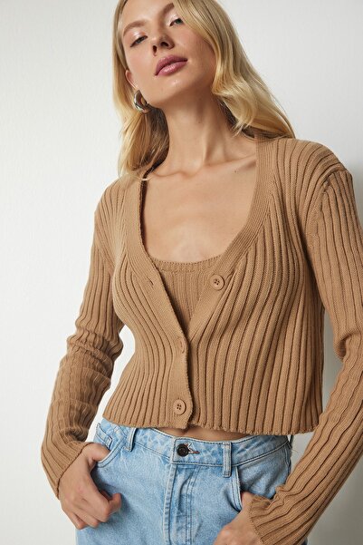 Happiness İstanbul Női keksz kötött kötöttáru Bustier kardigán készlet YY00168