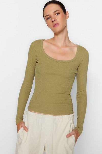 Trendyol Collection Χακί αντίκα/ξεθωριασμένο εφέ Πισίνα με ραβδώσεις και βαμβακερή πλεκτή μπλούζα TWOAW24BZ00301