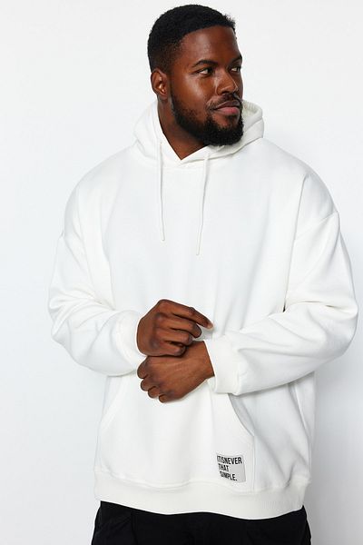 Trendyol Collection Plus Size Hooded Fleece Sweatshirt - Ecru TMNAW24AO00000