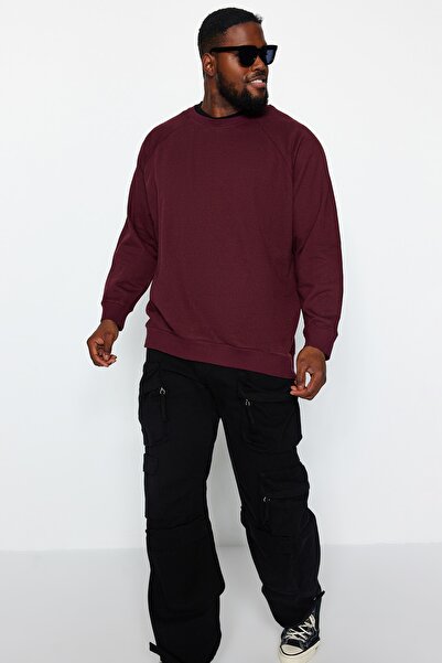 Trendyol Collection Μπλούζα με λαιμόκοψη μεγάλου μεγέθους μπορντό oversized / Φούτερ με φλις εσωτερικά με φαρδιά εφαρμογή TMNAW24AO00007