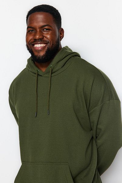 Trendyol Collection Nadměrná velikost khaki fleece košile – s kapucí, oversize bavlněná mikina Tmnaw24Ao00013