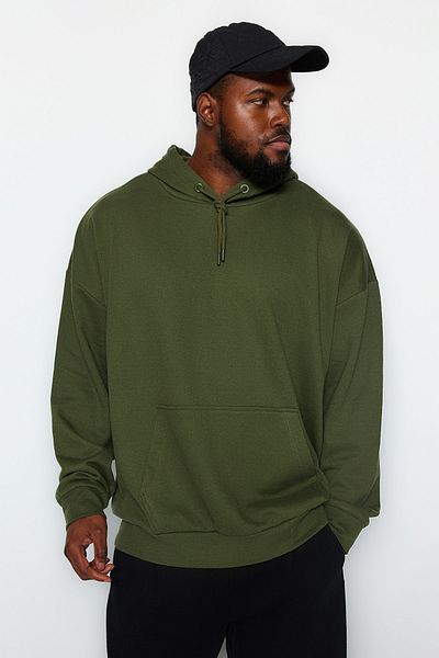 Trendyol Collection Nadměrná velikost khaki fleece košile – s kapucí, oversize bavlněná mikina Tmnaw24Ao00013