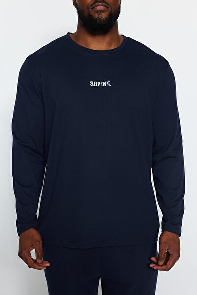 Trendyol Collection Navy Blue Regular Fit Printed Knitted Plus Size Pajamas Set Tmnaw24Ai00000