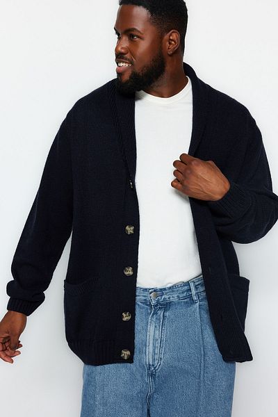 Trendyol Collection Navy Blue Regular Fit Large Size Shawl Collar Knitwear Cardigan - TMNAW24AV00001