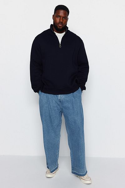 Trendyol Collection Marineblaues, großes, warmes Sweatshirt mit Reißverschluss – Stehkragen, reguläre Passform TMNAW24AO00024