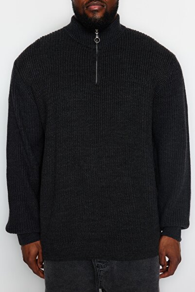 Trendyol Collection Plus Size Anthracite Knitwear Sweater - Zippered, Regular Fit TMNAW24AN00008