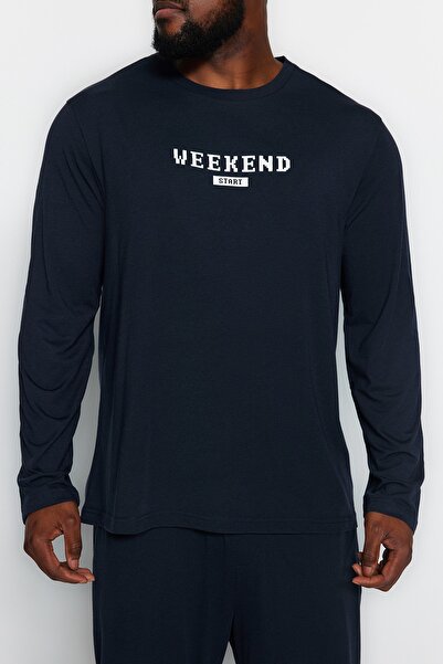 Trendyol Collection Navy Blue 100% Cotton Regular Fit Printed Knitted Plus Size Pajamas Set Tmnaw24Ai00005