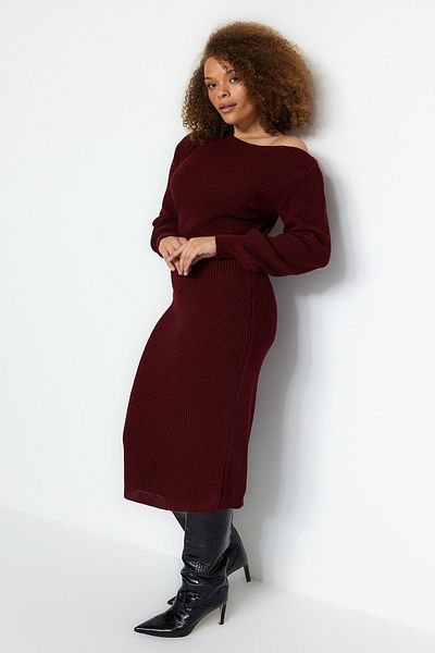 Trendyol Curve Claret Red Ασύμμετρο Λεπτομερές Πλεκτό Φόρεμα TBBAW24AH00002