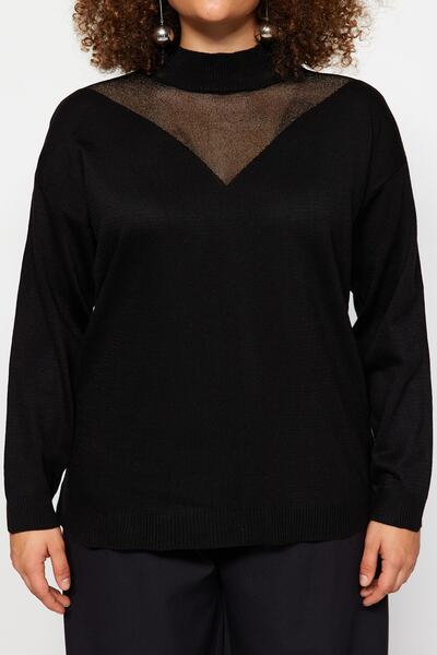 Trendyol Curve Черен трикотажен пуловер с стояща яка - детайли от тюл Tbbaw24An00008