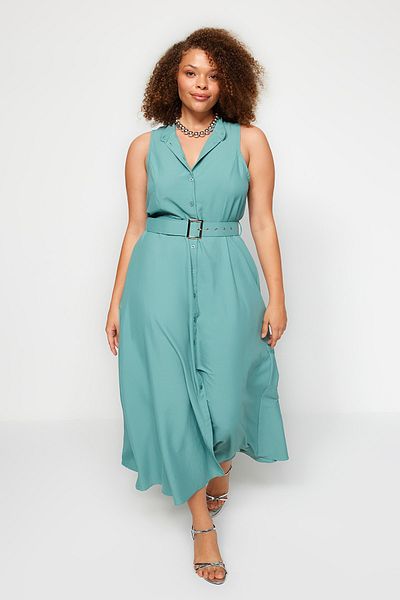 Trendyol Curve Mintgrünes gewebtes Hemdblusenkleid mit Gürtel TBBSS23AH00277