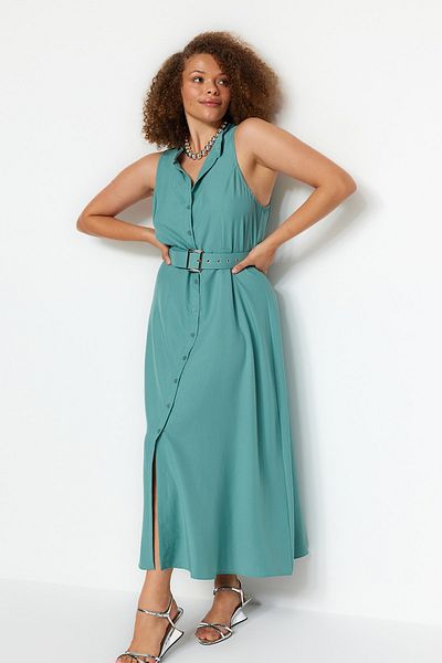 Trendyol Curve Mintgrünes gewebtes Hemdblusenkleid mit Gürtel TBBSS23AH00277